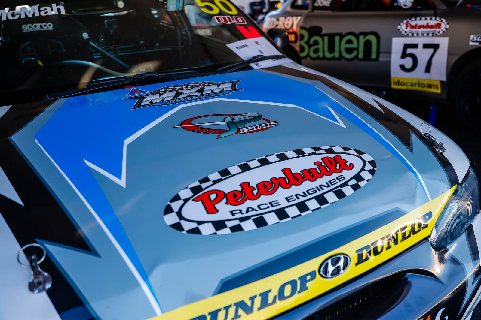 The bonnet of car 50 with its Peterbuilt Race Engines decal.